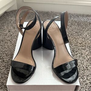 Tory Burch Elizabeth Black Patent Leather Triangle Block Heel Anklestrap